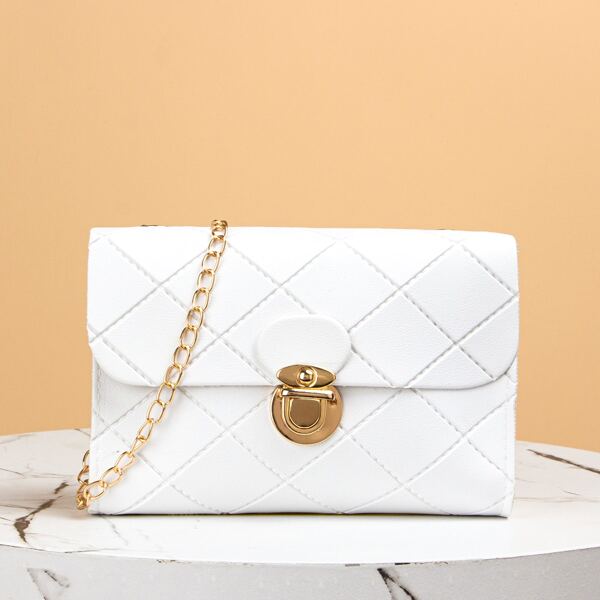 

Geometric Pattern Push Lock Chain Bag, White