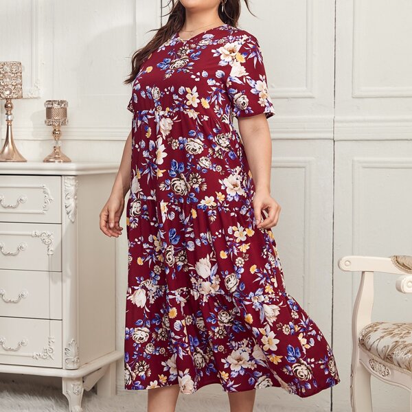

Plus Flower Print Ruffle Hem Night Dress, Multicolor