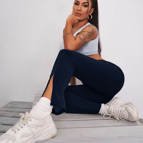 

Elastic Waist Split Hem Solid Pants, Navy blue