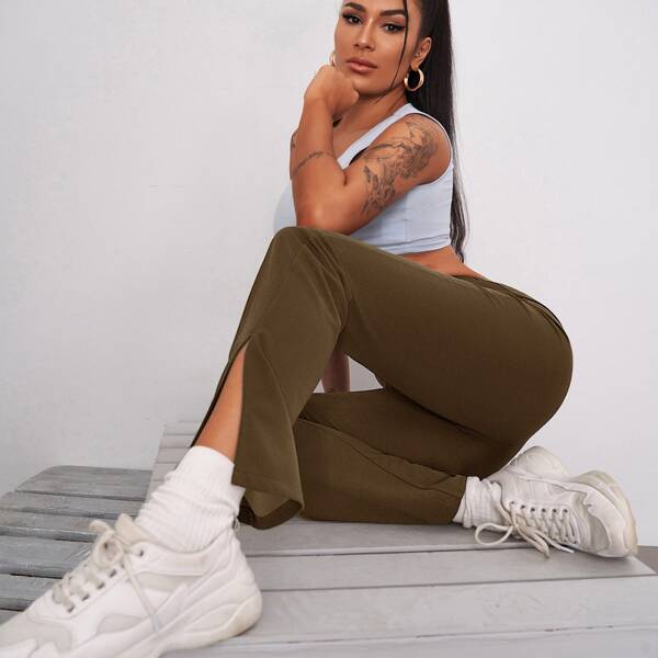 

Elastic Waist Split Hem Solid Pants, Mocha brown