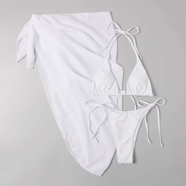 

3pack Thong Bikini Swimsuit & Cover Up, White
