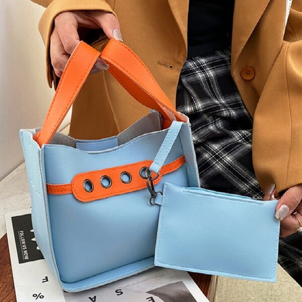 

Eyelet Detail Satchel Bag With Purse, Blue