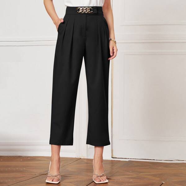 

Chain Detail Fold Pleated Front Pants, Black