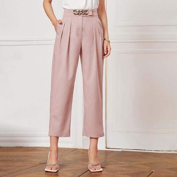 

Chain Detail Fold Pleated Front Pants, Dusty pink
