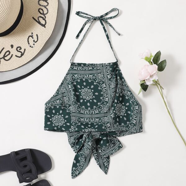 

Paisley Print Tie Back Halter Top, Dark green