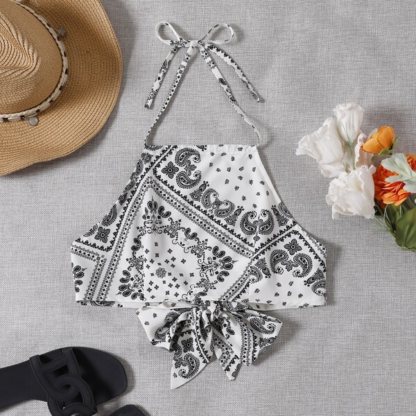 

Paisley Print Tie Back Halter Top, Black and white