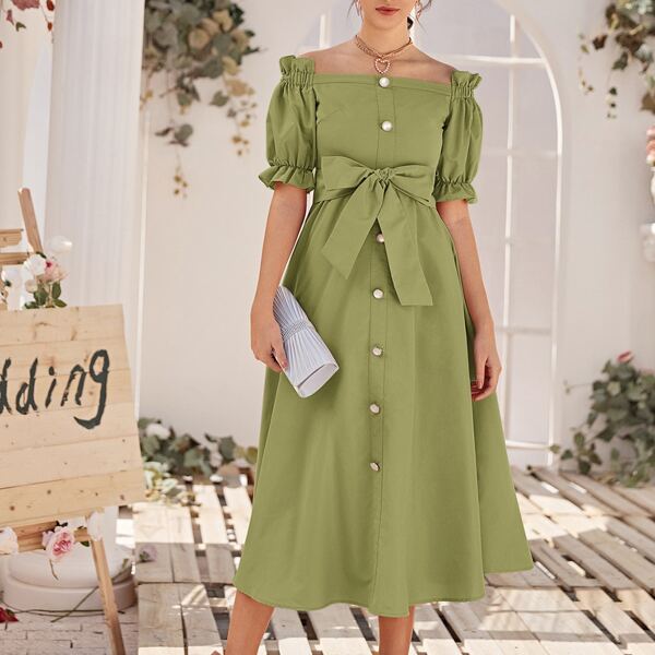 

Off Shoulder Ruffle Trim Buttoned Front Belted Dress, Olive green