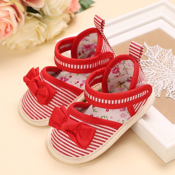 

Baby Girl Striped Bow Decor Velcro Strap Flats, Red