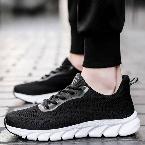 

Lace-up Front Knit Running Shoes, Black and white