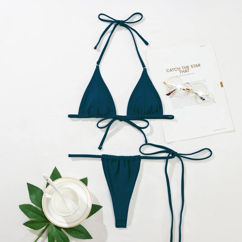 

Micro Triangle Thong Bikini Swimsuit, Teal blue