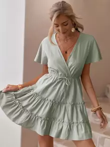 Simplee 交叉領繫腰帶連衣裙 - 薄荷綠 - 查看 1