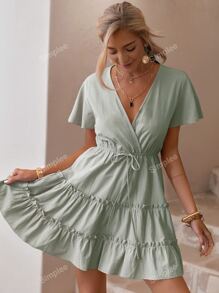 Simplee Surplice Neck Tie Waist Dress