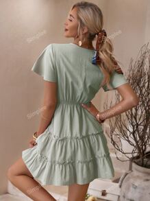 Simplee Surplice Neck Tie Waist Dress