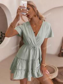 Simplee Surplice Neck Tie Waist Dress