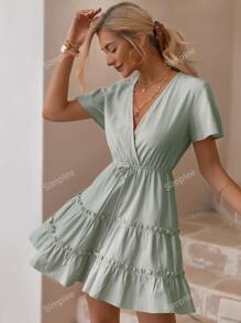 Simplee Surplice Neck Tie Waist Dress