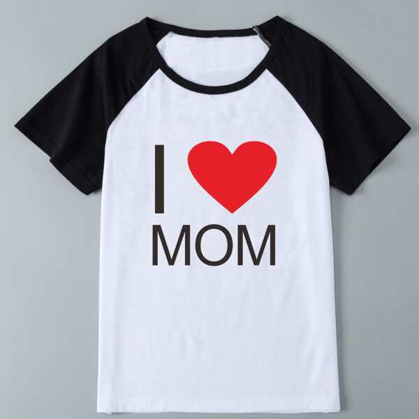 

1pc Slogan Graphic Raglan Sleeve Tee, Black and white