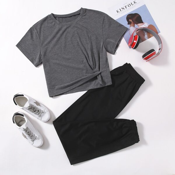 

Solid Twist Hem Tee & Sweatpants, Multicolor