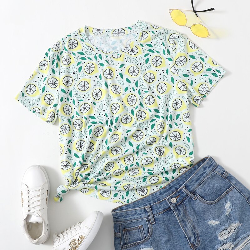 

Allover Fruit Print Round Neck Tee, Multicolor