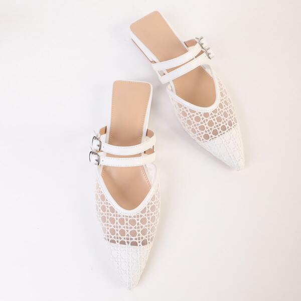 

Mesh Panel Bucket Flat Mules, White