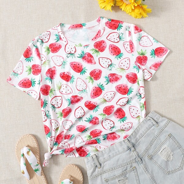 

Allover Strawberry Print Round Neck Tee, Multicolor