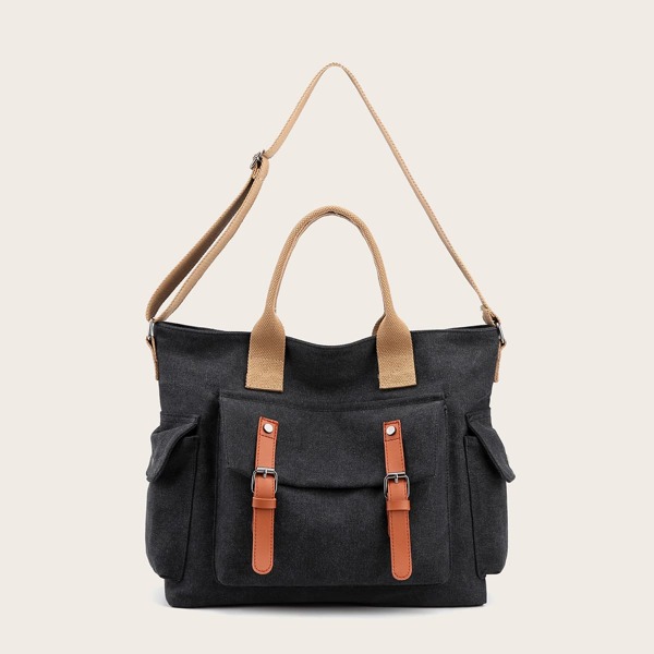 

Pocket Front Large Capacity Tote Bag, Black