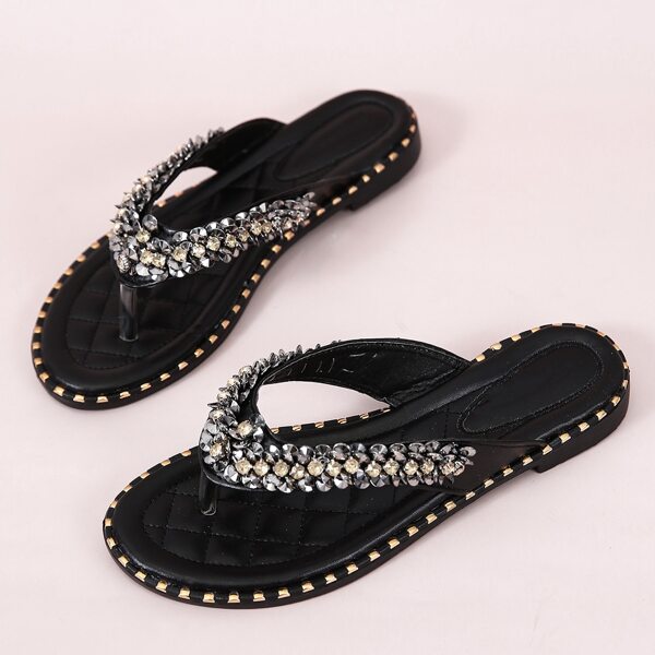 

Rhinestone Decor Thong Sandals, Black