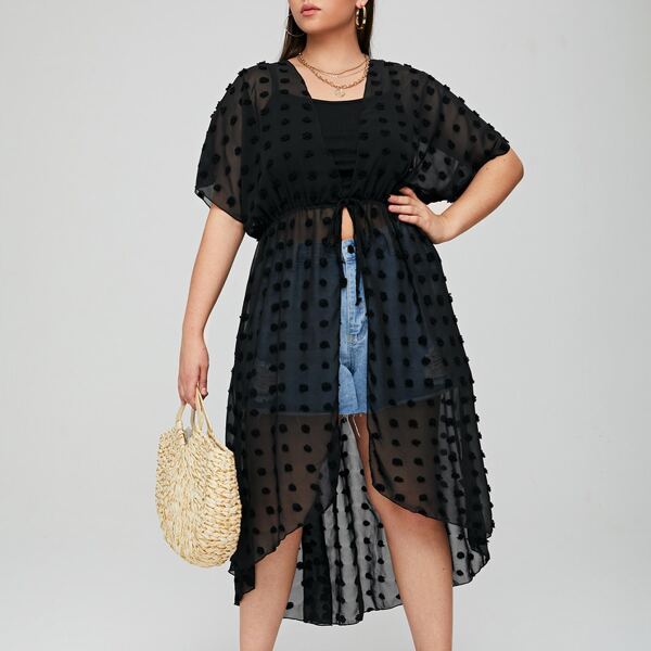 

Plus Swiss Dot Knot Sheer Kimono, Black