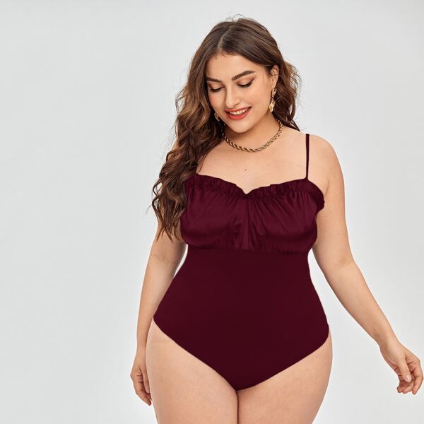 

Plus Frill Trim Ruched Bust Cami Bodysuit, Maroon