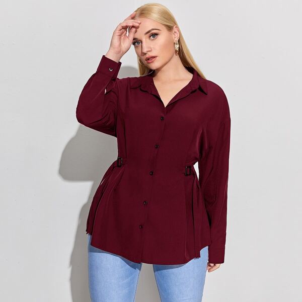

Plus Belted Waist Button Up Blouse, Maroon