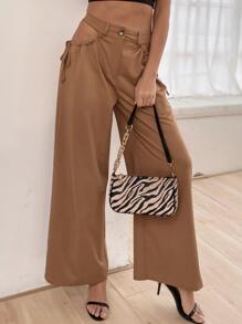 Cut Out Side Wide Leg Trousers - Brown - View 1