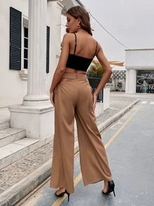 Cut Out Side Wide Leg Trousers - Brown - View 2