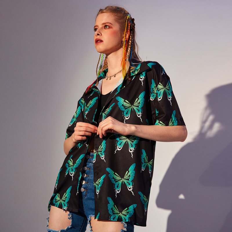

Holographic Butterfly Print Shirt, Black