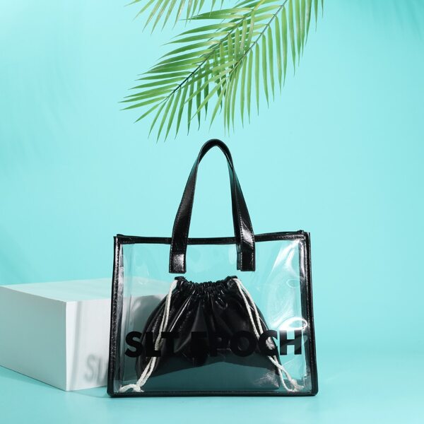

Clear Letter Graphic Tote Bag With Inner Pouch, Black clear