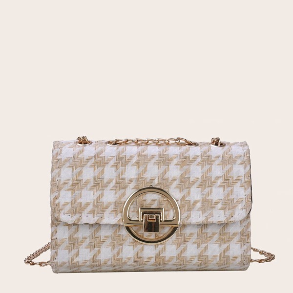 

Houndstooth Pattern Flap Chain Bag, Beige