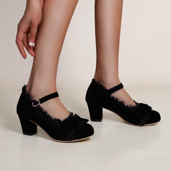 

Suede Chunky Heeled Mary Janes, Black