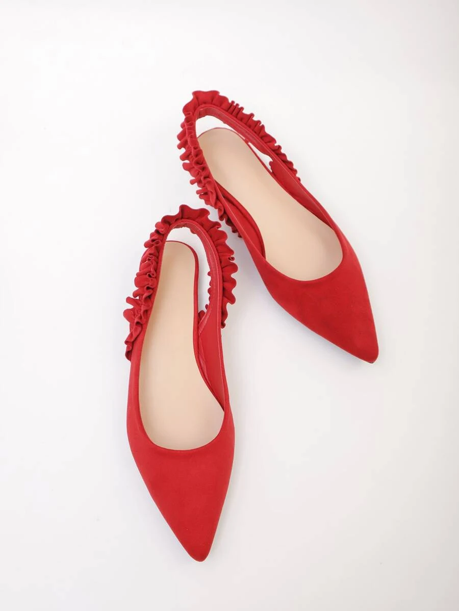 尖頭褶邊裝飾露跟平底鞋