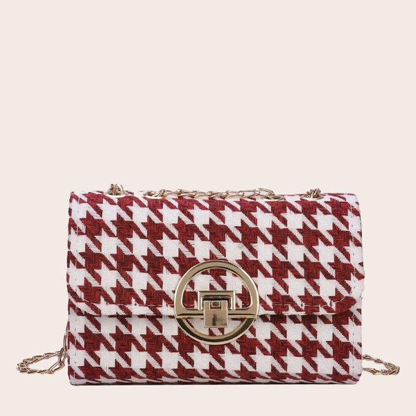 

Houndstooth Pattern Flap Chain Bag, Red and white