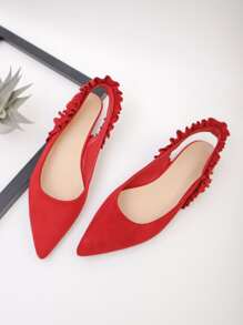 尖頭褶邊裝飾露跟平底鞋