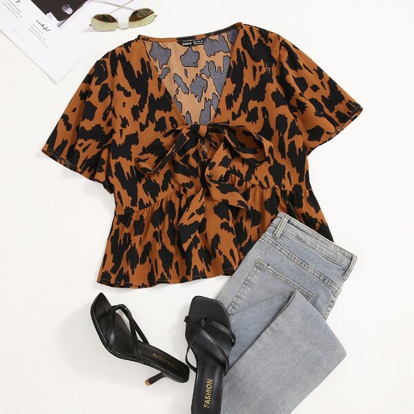 

Allover Print Tie Front Peplum Blouse, Multicolor