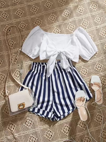 SHEIN Unity 短版繫帶上衣和條紋短褲