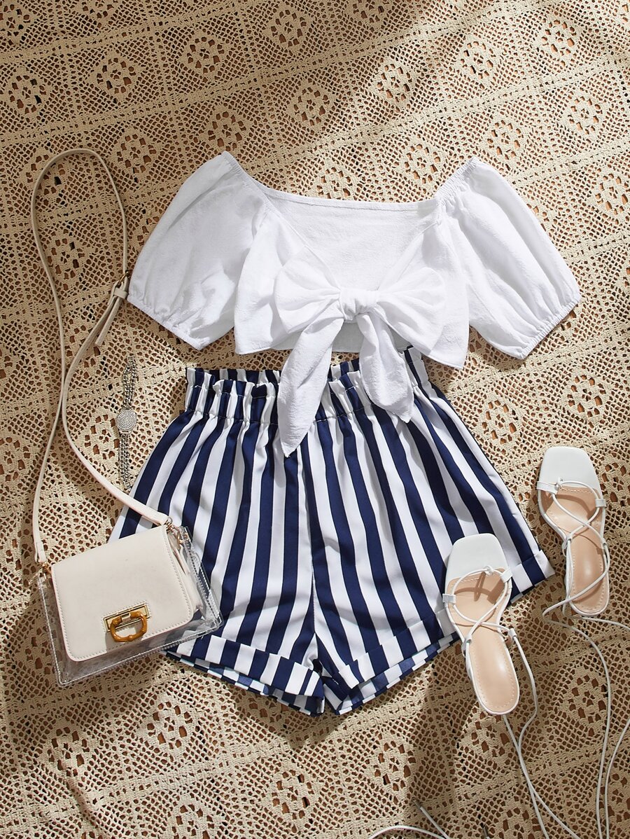 SHEIN Unity 短版繫帶上衣和條紋短褲 - 藍白色 - 查看 1