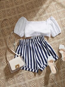 SHEIN Unity 短版繫帶上衣和條紋短褲 - 藍白色 - 查看 2