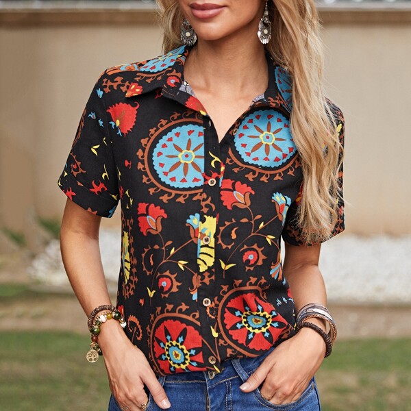 

Floral Print Button Up Blouse, Multicolor