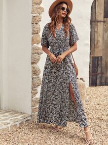 SHEIN Unity 小碎花開衩腰帶連衣裙