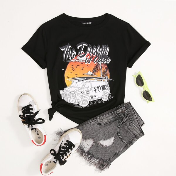 

Car And Slogan Graphic Tee, Black