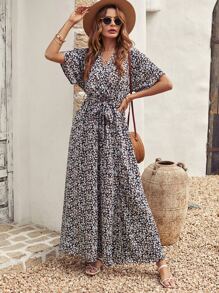 SHEIN Unity 小碎花開衩腰帶連衣裙