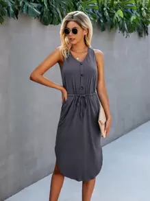 SHEIN Unity Đầm Nút màu trơn Giải trí - Màu xám đen - Xem 1