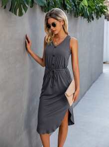 SHEIN Unity Đầm Nút màu trơn Giải trí - Màu xám đen - Xem 3