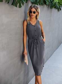 SHEIN Unity Đầm Nút màu trơn Giải trí - Màu xám đen - Xem 4