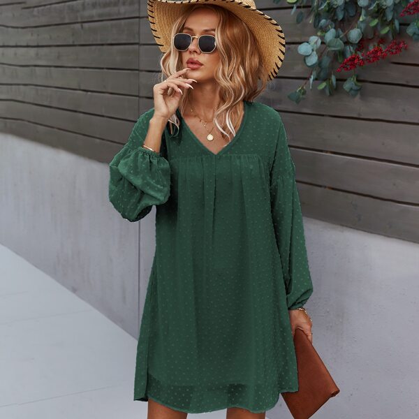 

Drop Shoulder Swiss Dot Smock Dress, Dark green